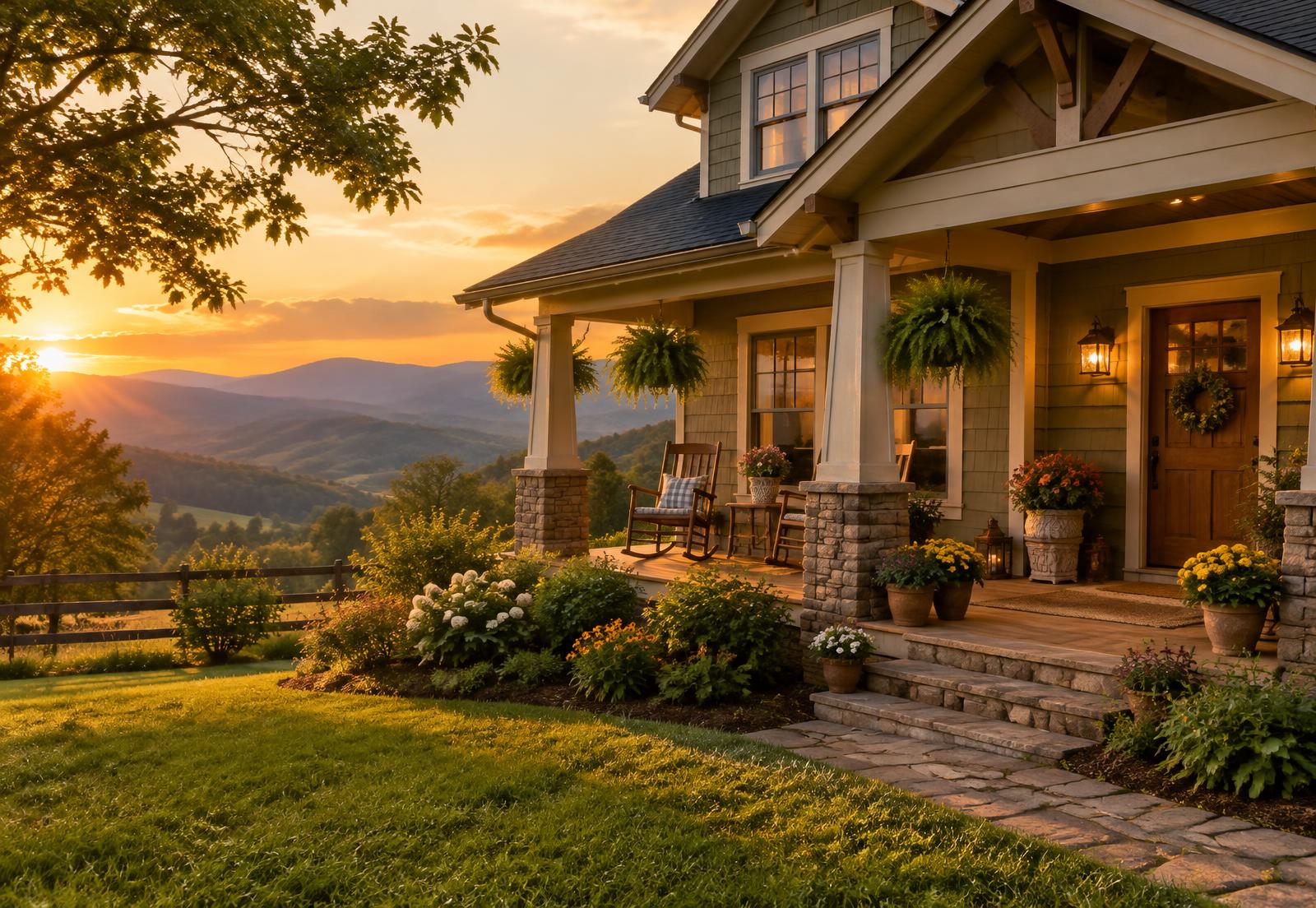 Craftsman-style home with a welcoming front porch at sunset
